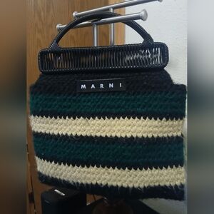 MARNI Market Striped Knit Tote Bag Forest Green/Cream